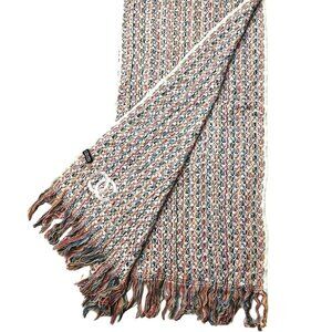 CHANEL Luxury Vintage White Blue Multi-Color Cashmere Woven Fringed Shawl Scarf